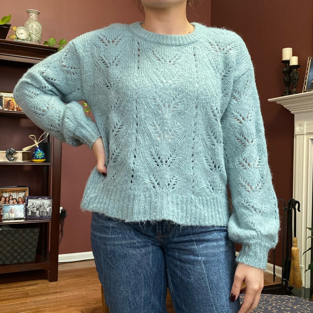 American Eagle pointelle knit puff-sleeve sweater
